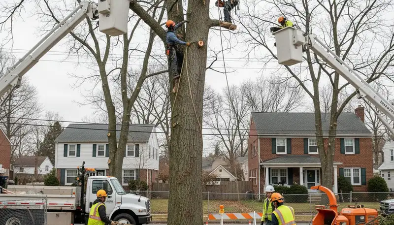 Professional crew performing safe tree removal with bucket truck and chainsaws in Albany, NY