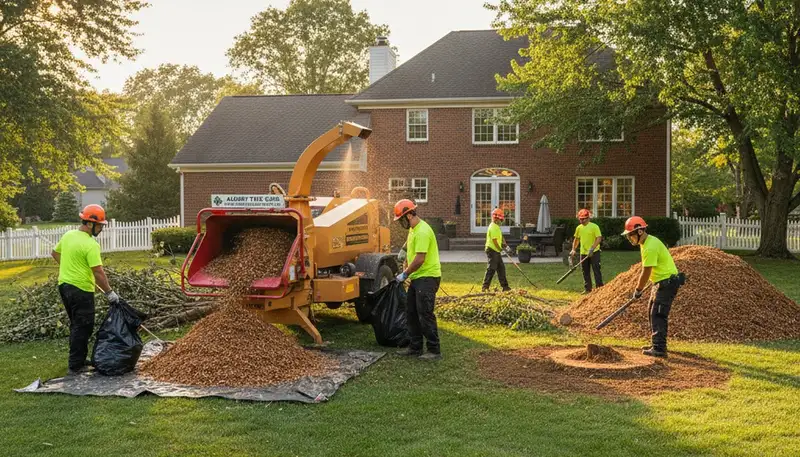 Completed tree removal and yard restoration with debris cleanup and mulch in Albany, NY