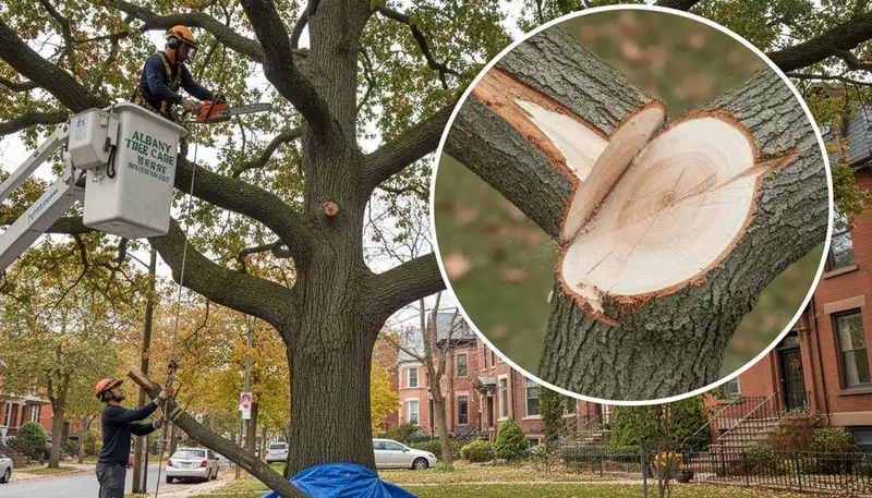 Arborist removing dead branches with safety gear during tree trimming service in Albany, NY
