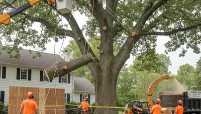 Professional arborists performing large tree removal with bucket truck in Glenmont, Albany NY