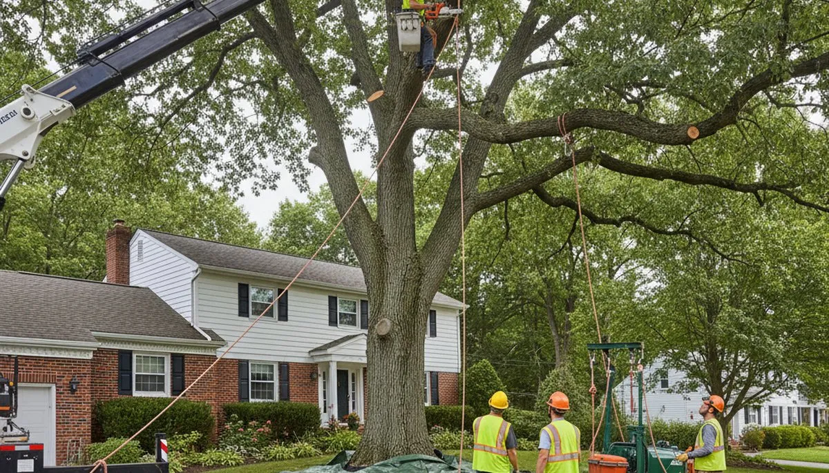 Professional arborists performing large tree removal in Guilderland, Albany NY with bucket truck equipment