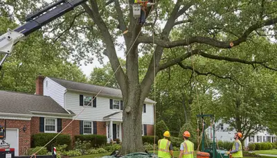 Professional arborists performing large tree removal in Guilderland, Albany NY with bucket truck equipment