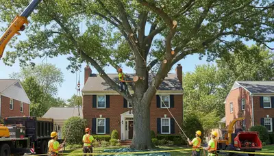 Professional arborists performing large tree removal in Rensselaer, Albany NY using bucket truck equipment