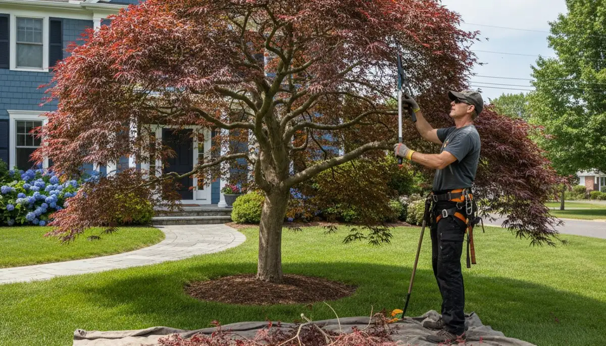 Arborist hand pruning ornamental Japanese maple tree in Albany NY residential landscape