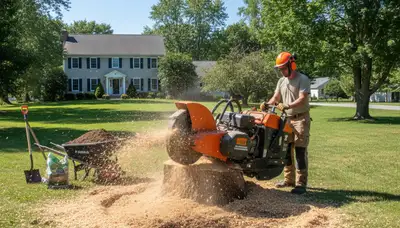 Professional stump grinding service removing tree stumps in Guilderland, Albany, NY yard