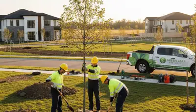 Arborist planting new tree in residential yard, professional tree service in Albany, NY