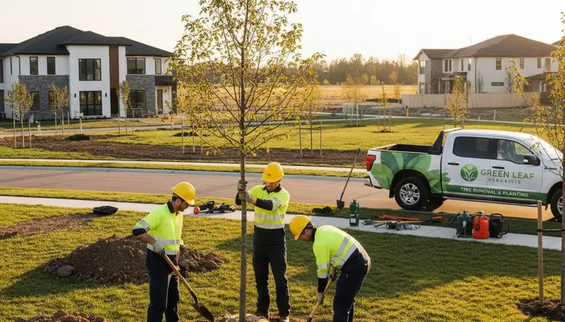 Arborist planting new tree in residential yard, professional tree service in Albany, NY