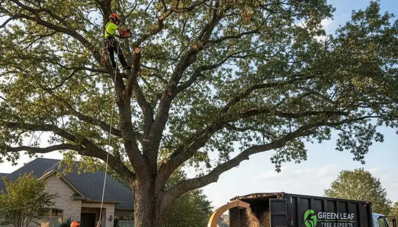 Professional tree removal crew cutting large oak tree in Albany, NY safely and efficiently
