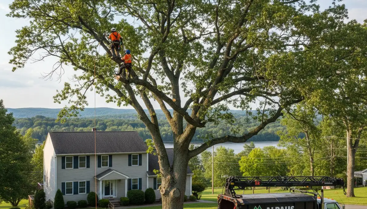 Professional tree removal service in Albany, NY safely cutting down large oak tree