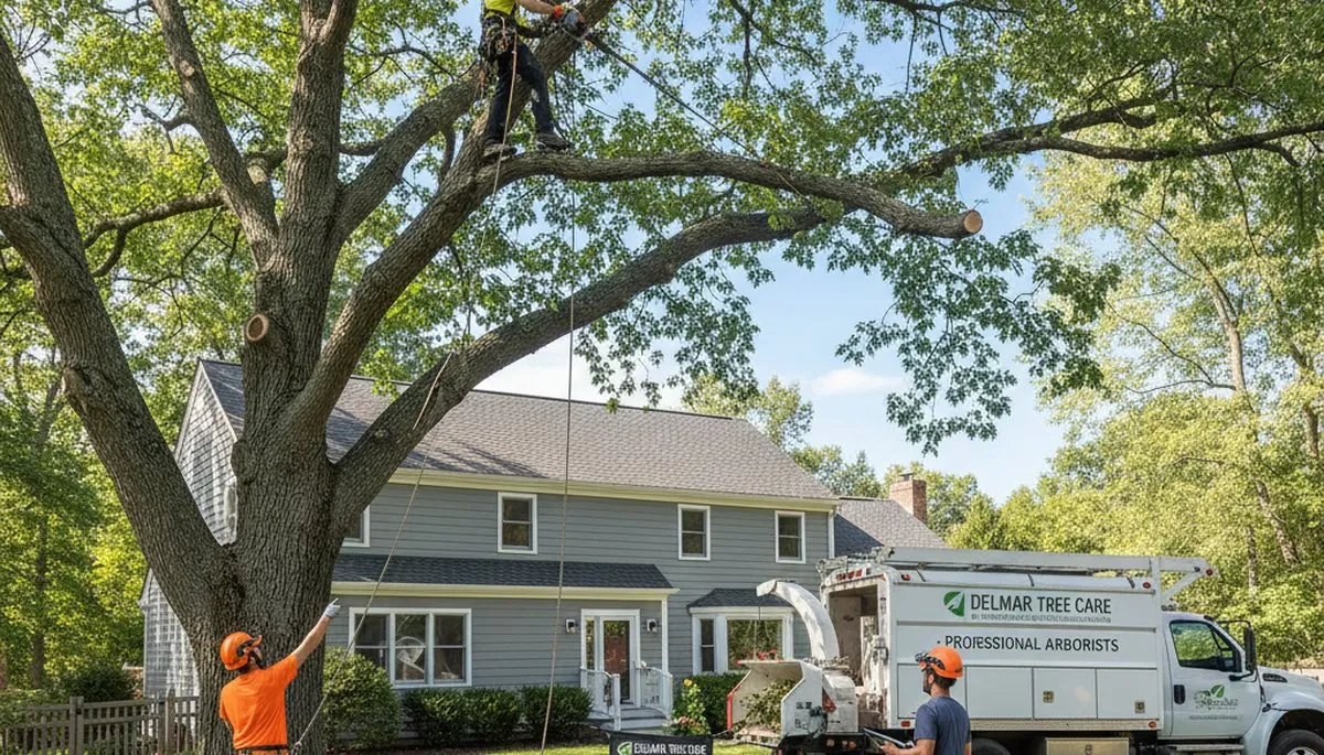 Professional tree removal service in Albany NY safely cutting and clearing large oak tree