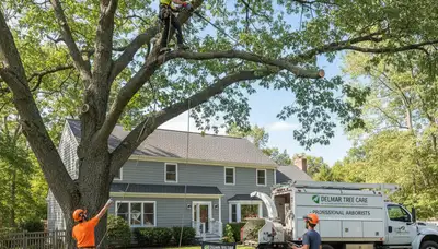 Professional tree removal service in Albany NY safely cutting and clearing large oak tree