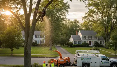 Professional tree removal service in Albany NY safely cutting down large oak tree