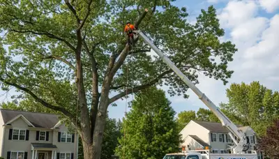Professional tree removal service in Albany NY safely cutting large oak tree