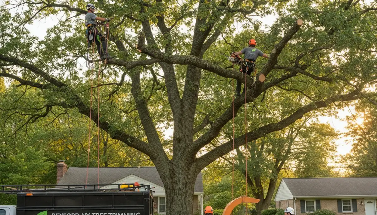 Professional tree removal service in Albany NY safely cutting and clearing large oak tree