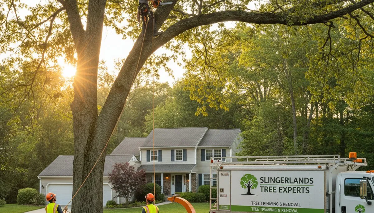 Professional tree removal service in Albany NY safely cutting and clearing large oak tree