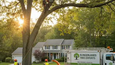 Professional tree removal service in Albany NY safely cutting and clearing large oak tree