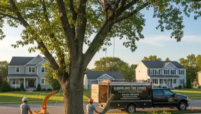 Professional tree removal service in Albany NY clearing large oak near residential property
